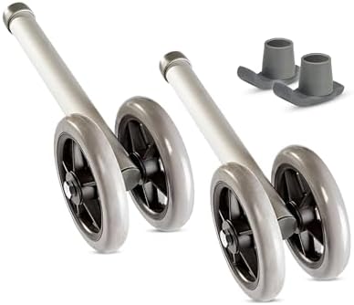 Healthline Heavy Duty Bariatric Walker Wheels – 5” Double Wheel Pair with 2 Glide Tips – Universal Replacement Kit for Standard and Folding Walkers – Sturdy Rubber Wheels, Up to 450 lbs Capacity