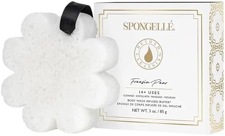 Spongelle Freesia Pear Wild Flower Buffer Body Scrubber with Box | Bath & Shower Loofah for Women | Exfoliator with Body Wash Infused | 14+ uses