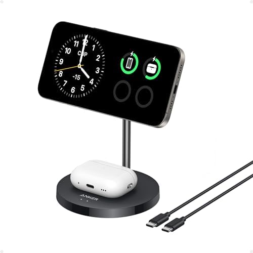 Anker MagSafe Compatible MagGo Charger Stand, iPhone 16 Wireless Charger, 2-in-1 Charging Station, Qi2 Certified 15W Wireless Charger Stand, for iPhone 16/15/14/13/12, AirPods Pro (No Wall Charger)