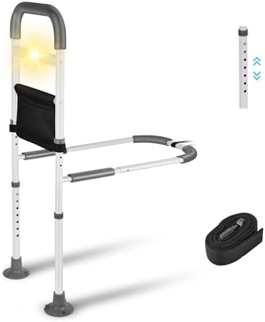 Bed Rails for Elderly Adults Safety Adjustable Bed Assist Handle with LED & Suction Cups - Bed Assist Rails for Seniors, Pregnancy & Mobility Aid 300lbs, Fits Wood/Metal Beds (16.34-19.69" Armrest)
