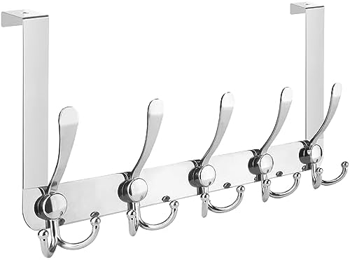 TICONN Over The Door Hooks, 5 Heavy Duty Tri Coat Rack All Metal Coat Hanger for Jacket Hat Towel Bags in Bathroom Bedroom Dorm (Chrome, 1PK)