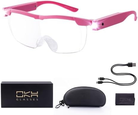 OKH 200% Magnifying Glass with Light, Rechargeable Lighted Magnifying Glass, Jewelry Magnifier with 2 LED Lights, Pink Magnifying Glasses for Close Work Reading Crafts Jewelry