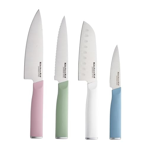 KitchenAid 4-Piece Chef Knife Set with Blade Covers 6-Inch Chef Knife, 5-Inch Santoku, 5.5-Inch Serrated Utility, 3.5-Inch Paring High-Carbon Japanese Steel, Assorted Colors