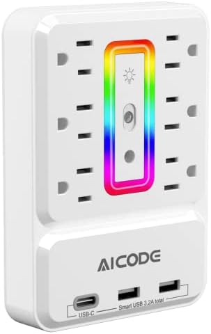 Outlet Extender with USB C, AICODE Multi Outlet Surge Protector with Nightlight, 6 Outlet Wall Plug with USB (3 USB A and 1 USB C),Wall Mount Multiple Plug Outlet Power Strip for Home,Dorm, Office