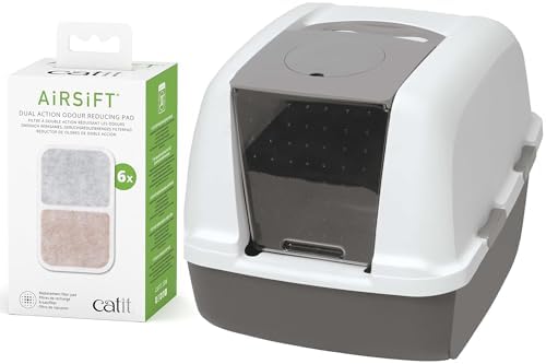 Bundle of Catit Jumbo Hooded Cat Litter Pan, Warm Gray + Catit Airsift Dual Action Air Purifier Pad, 6 Pack