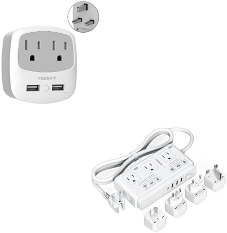 TESSAN UK Ireland Travel Plug Adapter with 2 USB Charger Ports 2 American Outlets, 220V to 110V Voltage Converter, 2000W Step Down Transformer, for UK EU AUS Italy Spain, for Hair Dryer Curling Iron