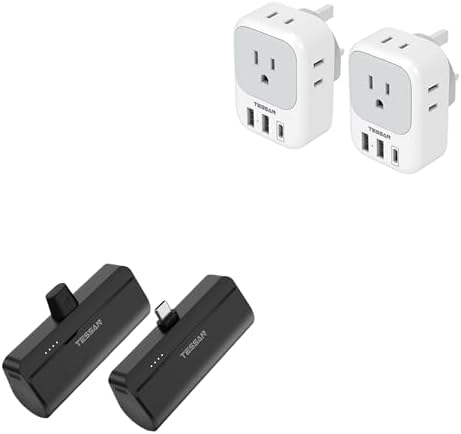 US to UK Plug Adapter 2 Pack, TESSAN Type G Travel Converter with 4 Outlets 3 USB Charger(1 USB C Port), Mini Portable Charger, 5000mAh Small Power Bank, for iPhone 15/15 Plus/15 Pro/15 Pro Max