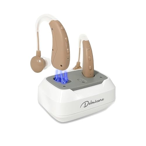 Hearing Aids for Seniors, Rechargeable Hearing Amplifiers for Seniors with Noise Cancelling, Delmicure Hearing Amplifiers for Adults with Adjustable Volume& Charging Base, Brown