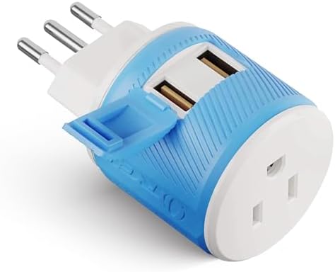OREI Italy, Uruguay Travel Plug Adapter with Dual USB - Type L (U2U-12A), Will Work with Cell Phones, Camera, Laptop, Tablets, iPad, iPhone and More, Blue