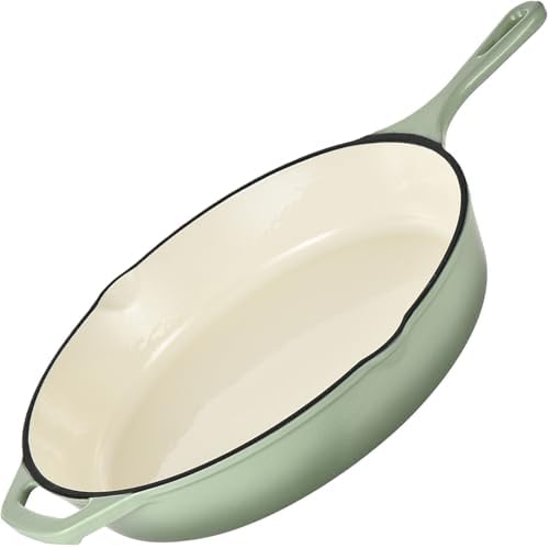 Hamilton Beach Enameled Cast Iron Fry Pan 12-Inch Sage, Cream Enamel Coating, Skillet Pan For Stove top and Oven, Even Heat Distribution, Durable