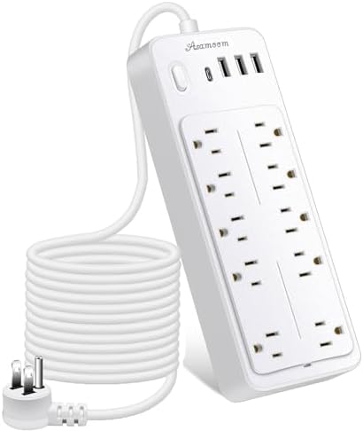 20FT 14-in-1 Power Strips with Surge Protection 1700J, 10 Outlets with 4 USB Ports (1 USB C) Long Extension Cord with Multiple Outlets 16Awg 1625W/13A Flat Plug Power Strip Protector White