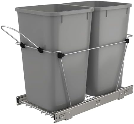 Rev-A-Shelf Pullout Trash Can for Kitchen Cabinets 27 Qt 12 Gallon Garbage Waste Recycling Bin w/Full Extension Slide, Metallic Silver, RV-15KD-17C S