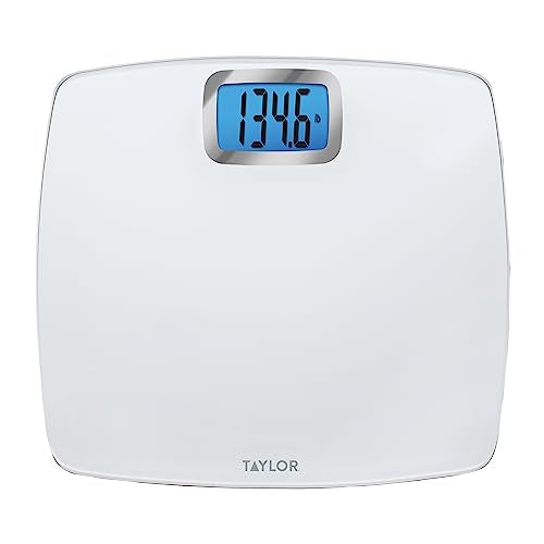 Taylor Digital Scales for Body Weight, Extra High Accurate 440 LB Capacity, Unique Blue LCD, Bright White Finish Extra LargePlatform, 12.2 x 13.5 Inches, White