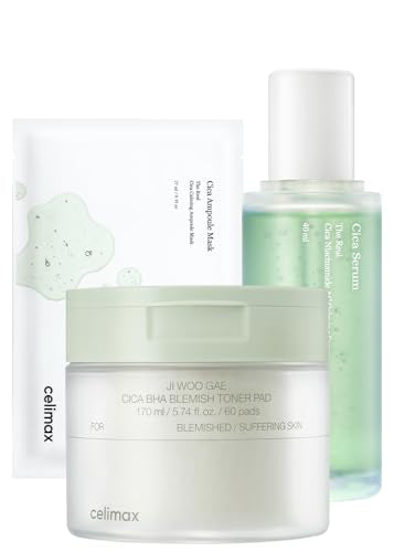 celimax Ji.Woo.Gae Cica BHA Blemish Toner Pad (60 Pads) + The Real Cica Niacinamide AC Calming Serum 40ml + The Real Cica Calming Ampoule Mask 27ml (5EA) Bundle