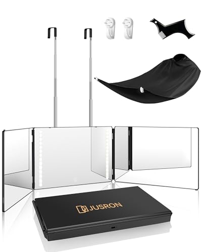JUSRON 360 Viewing Angle Self Hair Cutting Mirror, Clear Anti-Fog HD Glass (Black with LED with Accessories)