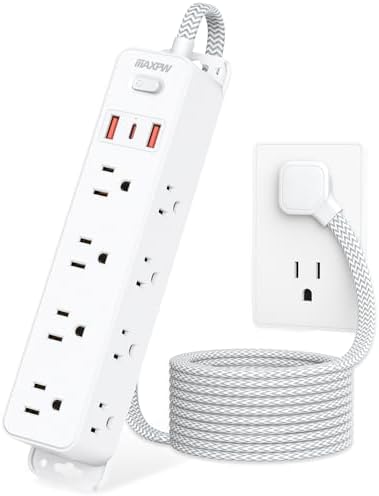 Surge Protector Power Strip with 12 Outlets and 3 USB Ports (1 USB C), 5 Ft Braided Flat Plug Extension Cord, Wall Mount Outlet Extender, 1700 Joules, Desk Charging Station for Home Office Dorm, White