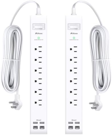 2 Pack Power Strip Surge Protector, Flat Plug Extension Cord with 4 USB Ports(2 USB-C) 6 AC Outlets, USB Charging Station, Wall Mountable for Home, Office, Dorm Essentials, 1080J, ETL Listed