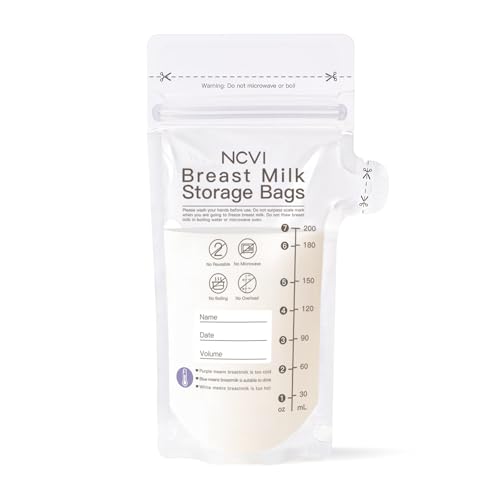 NCVI Breastmilk Storage Bags, 90 Count Milk Storage Bags for Breastfeeding, 7oz Breast Milk Storage Bags with Temp-Sensing, Doubled-Sealed, Hygienically, Self Standing, Easy Pour Spout, BPA Free
