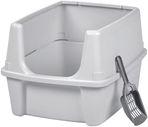 IRIS USA Large Cat Litter Box with Scatter Shield and Scoop, Open Top High Sided Cat Litter Pan, Silver