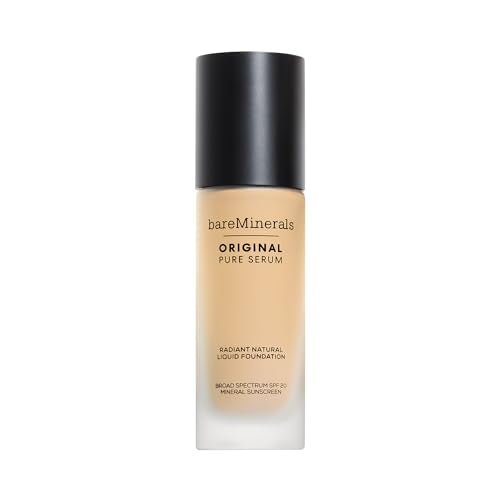 bareMinerals Original Pure Serum Radiant Natural Liquid Foundation Mineral SPF 20, Hydrating Skin Tint, Dewy Finish, Lightweight, Medium Coverage, Non-Comedogenic, Vegan