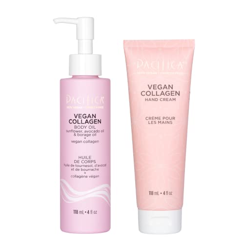 Pacifica Beauty Vegan Collagen Hand Cream and Body Oil with Pump Set, Bath and Body, Shea Butter, Cocoa Butter, Body Massage Oil, For Dry Skin, Skin Care, Body Care, 4 fl oz Each (Set of 2)