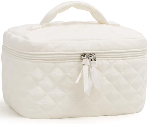 Prite Cotton Makeup Bag Quilted Makeup Bag Large Floral Cosmetic Bag for Women Cute Travel Toiletry Bag with Handle(Beige)