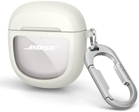 SURITCH Protective Case for Bose QuietComfort Earbuds II 2022 / QuietComfort Ultra 2023, Shockproof Case Cover for Bose QC ii 2 Charging Case Accessories with Carabiner, White