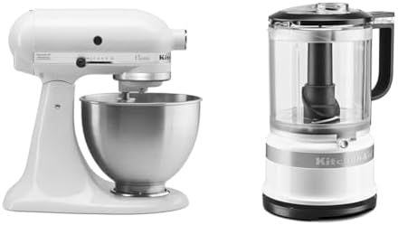 KitchenAid Classic Series 4.5 Quart Tilt-Head Stand Mixer K45SS, White & 5 Cup Food Chopper - KFC0516, White