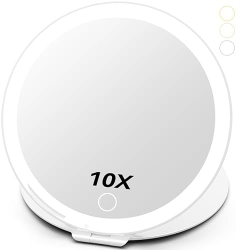 Large 10X Magnification 7 Inch Rechargeable Travel Makeup Mirror, Portable Vanity Mirror with 80 LED Lights, 3 Color Lighting and Dimmable Touch Screen,Travel Essentials,Gift for Women