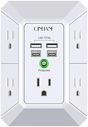 USB Wall Charger, Surge Protector, QINLIANF 5 Outlet Extender with 4 USB Charging Ports (4.8A Total) 3-Sided 1680J Power Strip Multi Plug Outlets Wall Adapter Spaced for Home Travel Office(2U2C),White