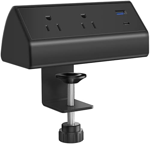 CCCEI Desk Power Strip with 18W USB C Fast Charge Port, Black 800J Surge Protector Clamp Desktop Outlet, Table Edge Mount Socket 6FT and Fit 1.6 inch Tabletop Edge Thick.