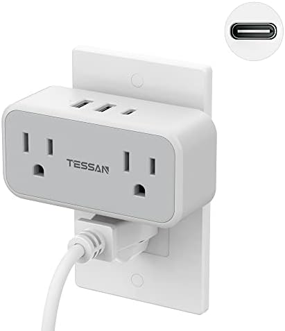 Outlet Extender with USB Wall Charger, Multi Power Splitter with 3 USB Wall Plug (1 USB C Port) and Double Outlets, TESSAN Mini Multiple Expander for Cruise, Travel, Home, Dorm Room Essentials Grey