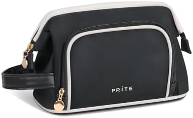 Prite Travel Makeup Bag, PU Leather Waterproof Cosmetic Organizer, Large Wide-open portable Toiletry Bag with Handle(Black)