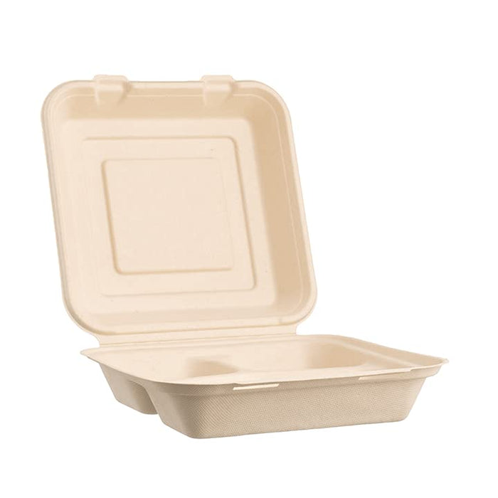 [200 COUNT]Sugarfiber by Harvest Pack 9 X 9" Compostable Clamshell Food Containers, 3 Compartment Clamshell Heavy-Duty Hinged Container, Disposable Bagasse Eco-Friendly Natural Takeout to go Box