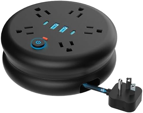 Retractable Travel Power Strip: 6 ft Extension Cord Surge Protector - Portable Powerstrip with 5 Outlet 2 Smart USB Port 2 USB C for Home Office