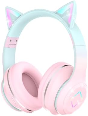 Bluetooth Kids Headphones,Cat Ear LED Light Up Kids Wireless Headphones,Bluetooth 5.1&Stereo Sound, Foldable,Adjustable Headband,Children Headphones with Microphone for School/Tablet (Pink)