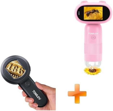 TOMLOV P30 Microscope for Kids, Handheld 1000X 2 LCD Digital Microscope for Slides，HD Camera & Video, Pocket Magnifying Glass with Light+BP10