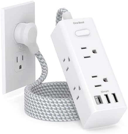 Power Strip Surge Protector, 6 Outlets with 3 USB Ports (1 USB C), Multi Plug Wall Outlet Extender, 5Ft Flat Plug Extension Cord Charging Station, Small Power Strip for Travel Home Office College Dorm