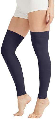 MGANG 15-20 mmHg Compression Stockings for Women & Men, Thigh High Medical Footless Graduated Compression Sleeves with Silicone Dot Band, for Varicose Veins, Edema, Travel, Flight, Navy Blue L