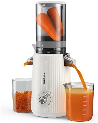 ACOQOOS Juicer Machines, Juicers Whole Fruit and Vegetable with 4.3" Feeding Chute, Easy to Clean Cold Press Juicer with 2 Cups, Masticating Juicer White