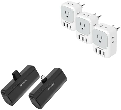 TESSAN 3 Pack European Travel Plug Adapter USB C, US to Europe Power Adapter with 4 AC Outlets and 3 USB (1 USB C), Mini Portable Charger with Built-in USB-C Connector, 5000mAh Small Power Bank