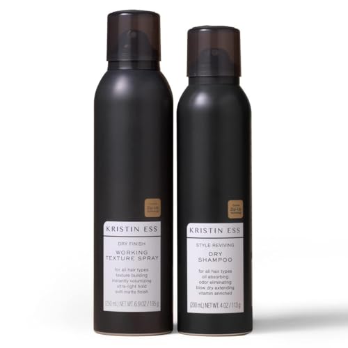 Kristin Ess Hair Dry Styling Set - Vitamin C Dry Shampoo Powder Spray + Light Hold Texturizing Spray - Volumizing + Oil Absorbing + Shine Enhancing for Dark, Brunette + Blonde Hair - Sulfate Free