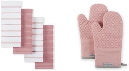 KitchenAid Albany Kitchen Towel 4-Pack Set, Dried Rose/White, 16"x26" & Asteroid Oven Mitt Set, Dried Rose 7"x12.5"