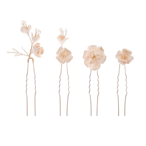4Pcs Bridal Hair Pins Soft Ceramic Flower Bride Wedding Hair Accessories Hair Piece for Women and Girls - Gold