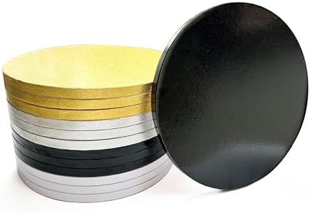 ANSSDO 12 Packs Thick Cake Drums, Greaseproof 8 inch assorted Round Cake drum in Gold Black Sliver White Cake Base, Cardboard Cake Boards for Presenting Heavy/Tall Tiered Cakes, Base Para Pastel