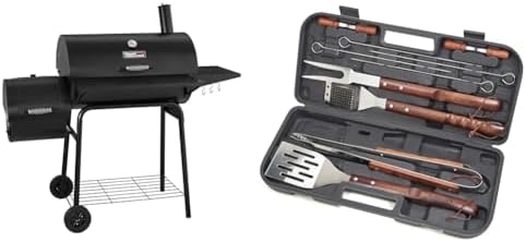 Royal Gourmet CC1830S 30" BBQ Charcoal Grill and Offset Smoker | 811 Square Inch cooking surface, Outdoor for Camping | Black & Cuisinart CGS-W13 Wooden Handle Tool Set, Black (13-Piece)