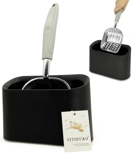 Large Cat Litter Scoop with Holder, Aluminum Cat Litter Sifter Captures All Clumps, Fast Sifting Kitten Poop Lifter with Scooper Caddy (Black)