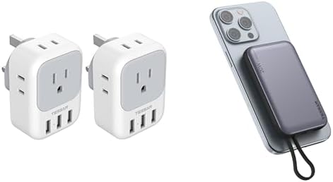 2 Pack US to UK Plug Adapter, TESSAN Ireland Scotland Type G Power Adapter, 4 American Outlets 3 USB, Magnetic Portable Charger 10000mAh, Battery Pack for iPhone 15/14/13/12/Mini/Pro/Pro Max