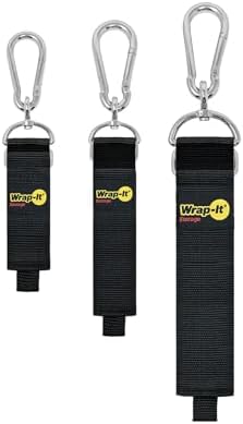 Hook 'n Hang Wrap-It Storage Straps - Assorted 3-Pack Black - Carabiner Straps to Use as Extension Cord Holder Heavy Duty Straps with Hooks for Cord Storage or Garden Hose Strap