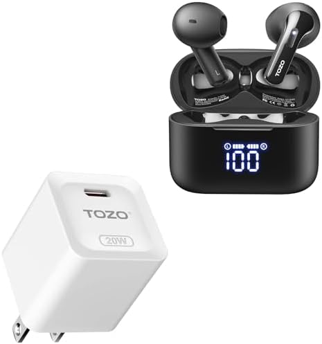 TOZO T21 Bluetooth Wireless Earbuds Black +C1 USB C 20W PD Power Adapter Fast Wall Charger Type C White